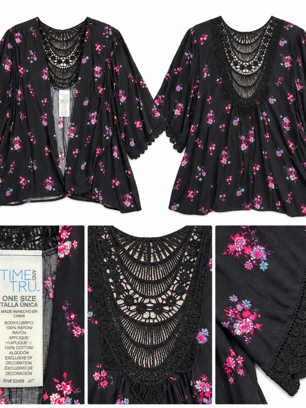 Time and Tru Black Floral Crochet-Trim Tunic Sweater with Pink & Purple Blossoms